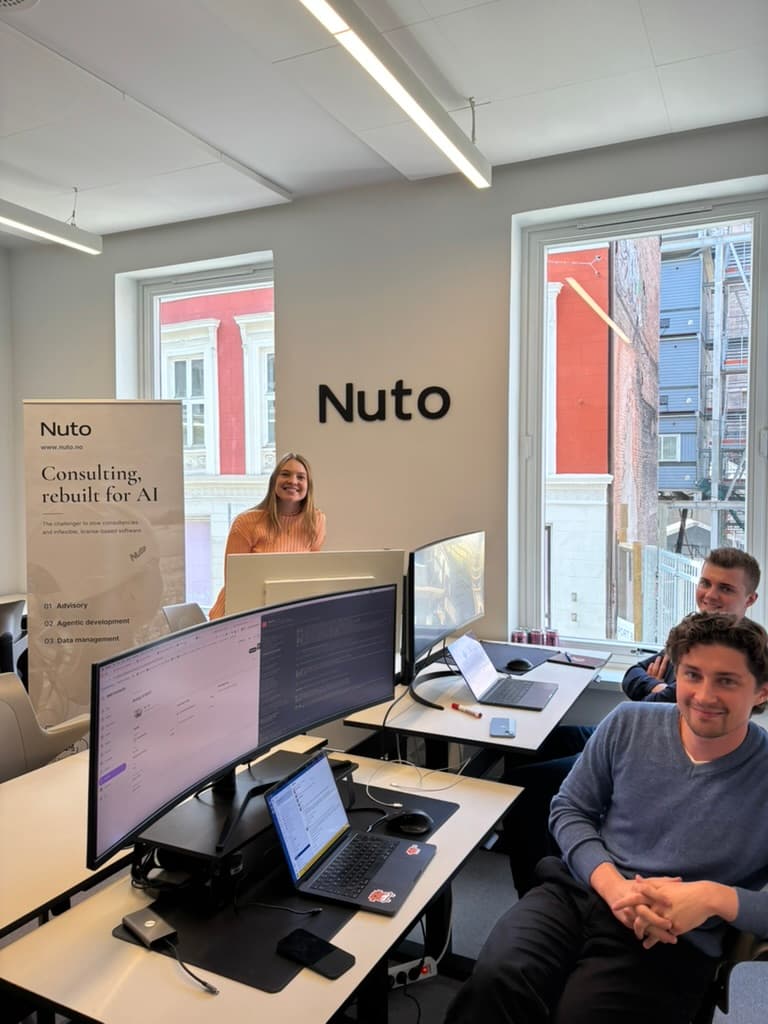 The Nuto team at the office, with the Nuto sign on the wall